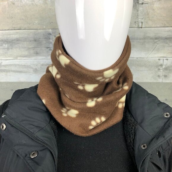 Dog Paw Print Fleece Neck Warmer: Brown Puppy Gaiter Scarf - Picture 1 of 10